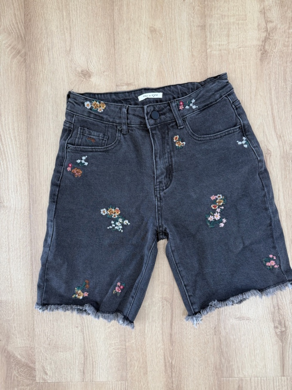 Tea N Rose Black Embroidered Denim Shorts with Floral Accents